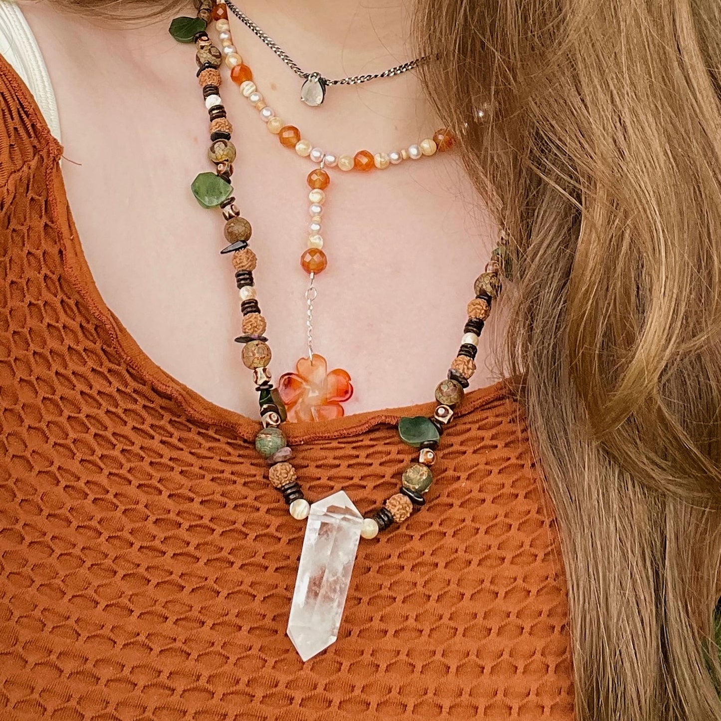 Energy Clear Quartz Point Necklace with Jade, Tibetan Agate, Rudraksha Seed & Mother of Pearl