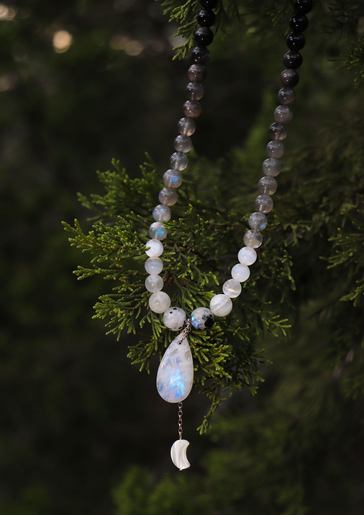Flashy Blue Moonstone Necklace with Selenite, Labradorite, Obsidian & Mother of Pearl