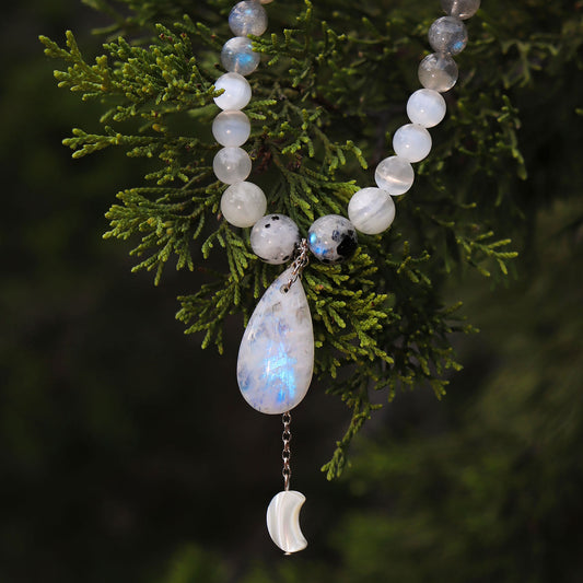 Flashy Blue Moonstone Necklace with Selenite, Labradorite, Obsidian & Mother of Pearl