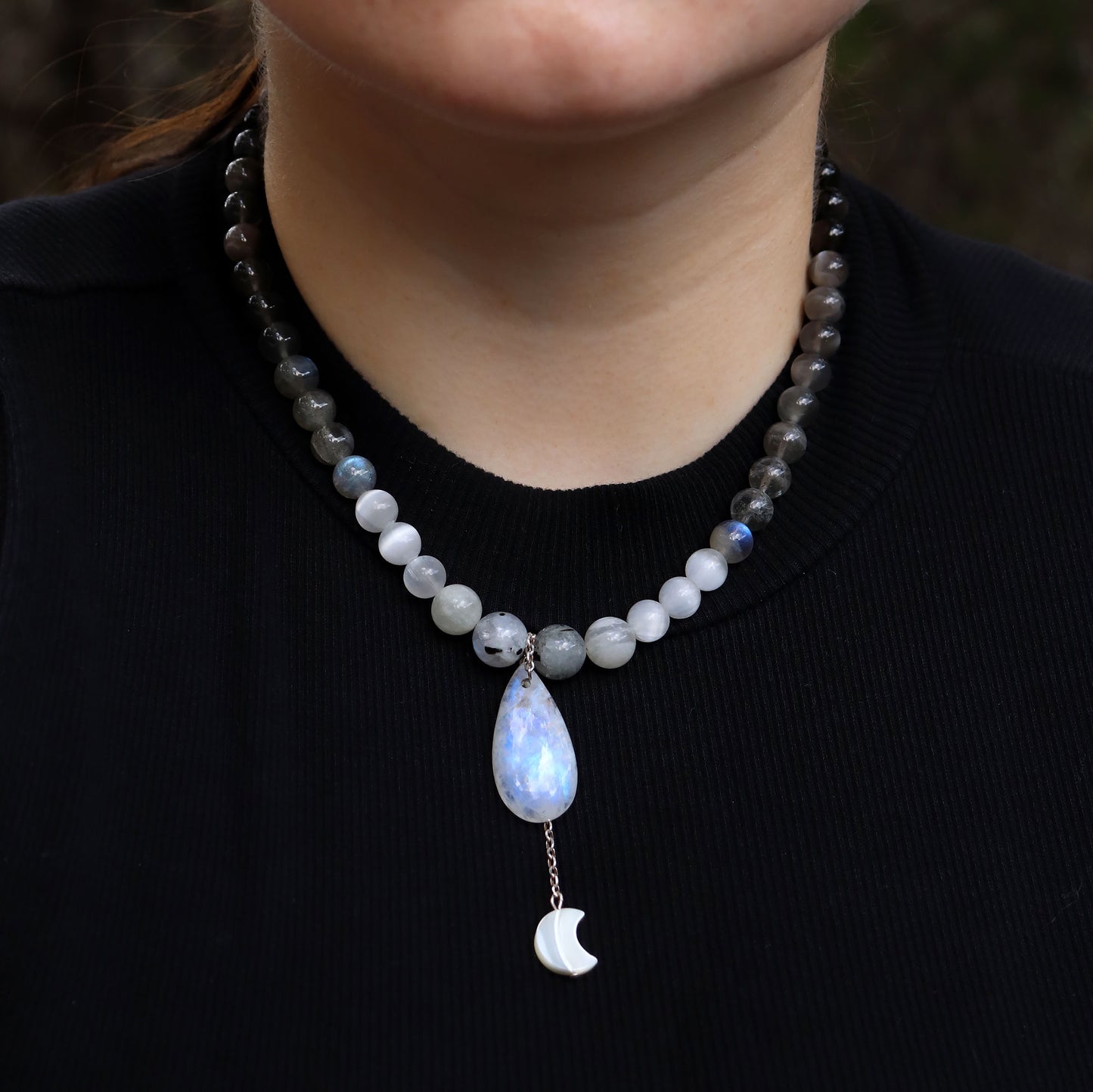 Flashy Blue Moonstone Necklace with Selenite, Labradorite, Obsidian & Mother of Pearl