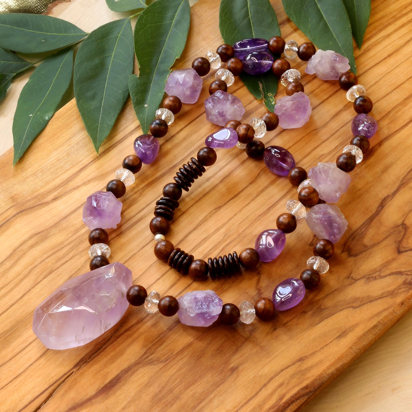 Lilac Faceted Amethyst Wooden Necklace