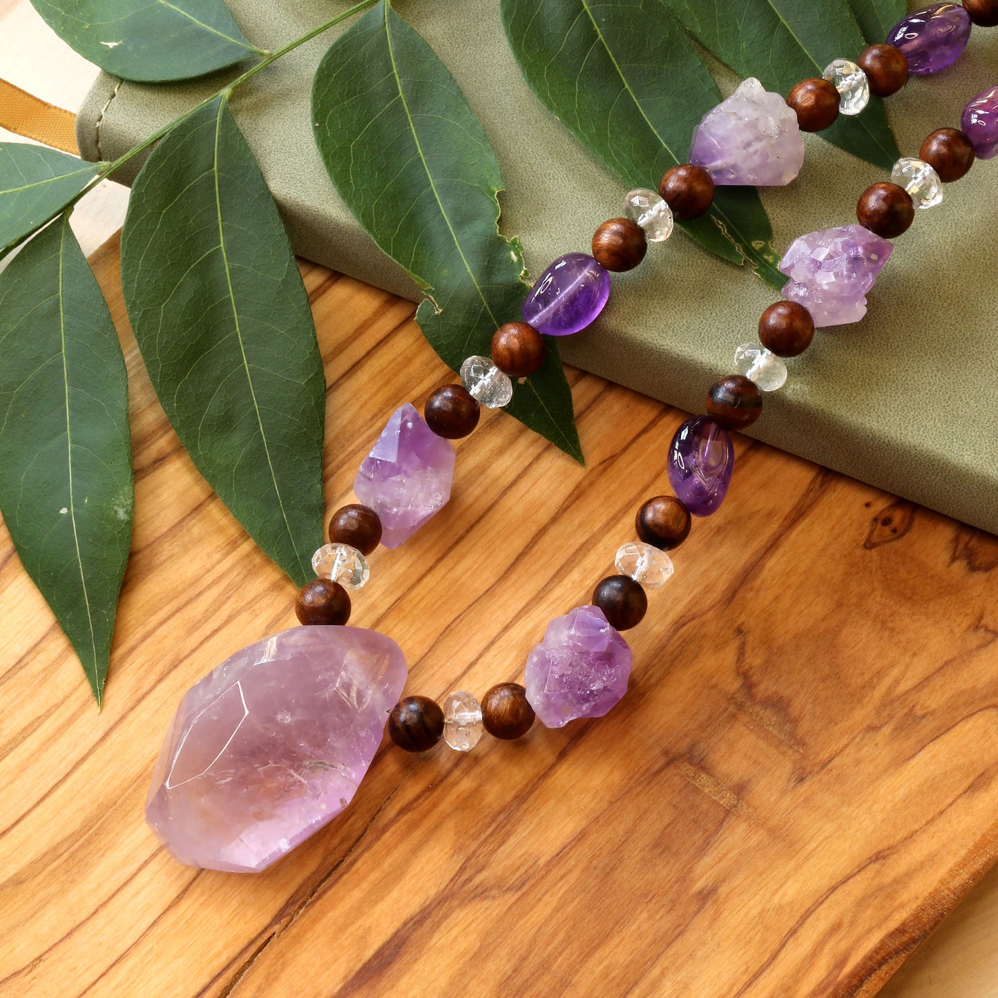 Lilac Faceted Amethyst Wooden Necklace