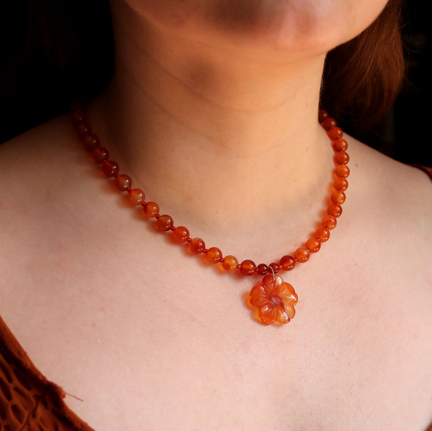 Hibiscus Carved Carnelian Flower Necklace