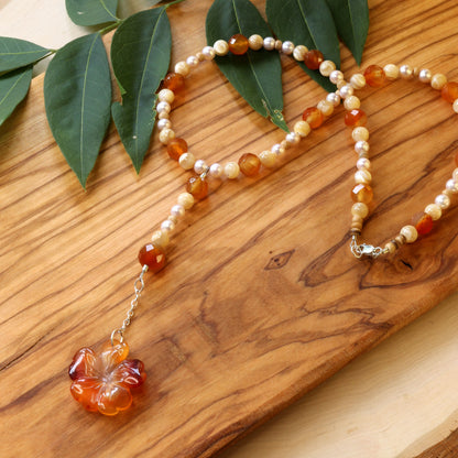 Carved Carnelian Flower Drop Necklace with Pearl & Mother of Pearl Shell