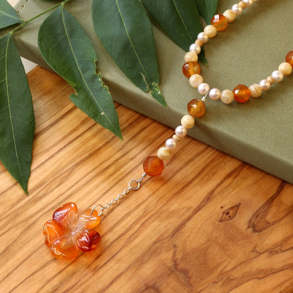 Carved Carnelian Flower Drop Necklace with Pearl & Mother of Pearl Shell