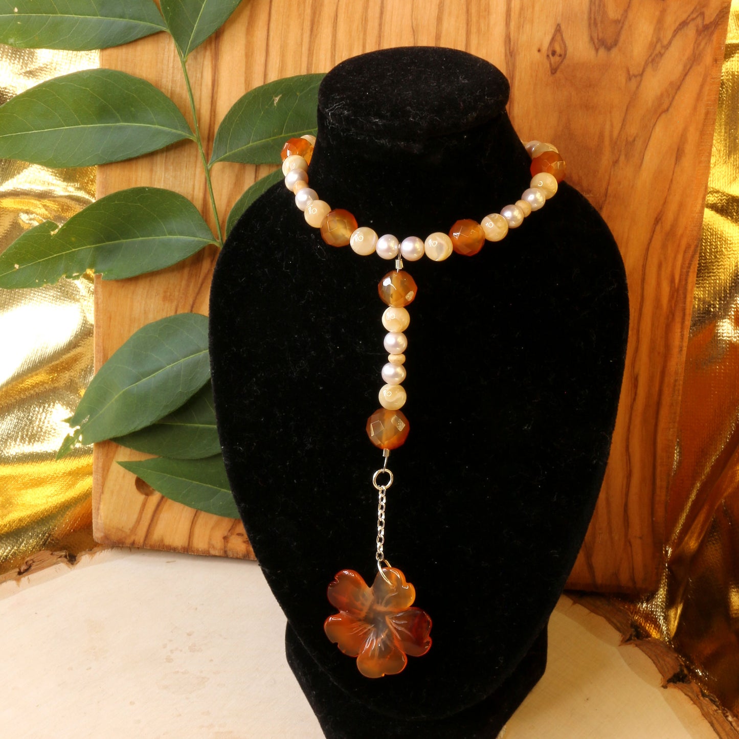 Carved Carnelian Flower Drop Necklace with Pearl & Mother of Pearl Shell