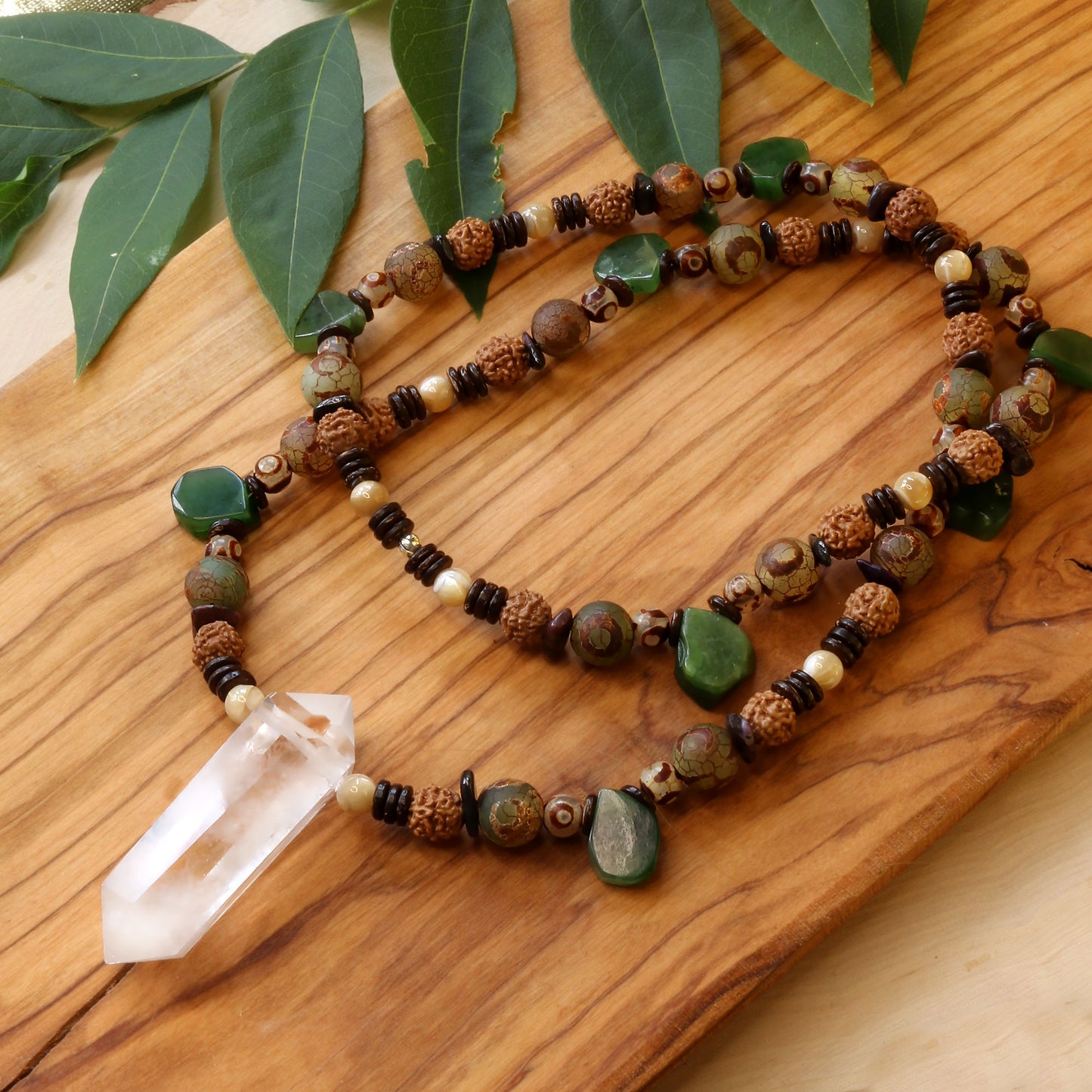 Energy Clear Quartz Point Necklace with Jade, Tibetan Agate, Rudraksha Seed & Mother of Pearl