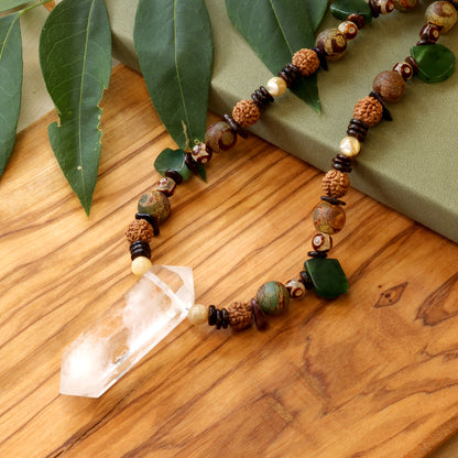 Energy Clear Quartz Point Necklace with Jade, Tibetan Agate, Rudraksha Seed & Mother of Pearl