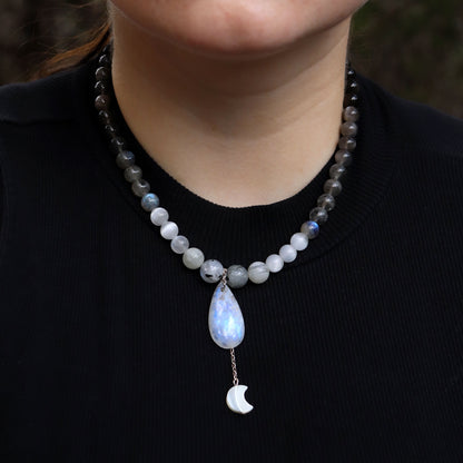 Flashy Blue Moonstone Necklace with Selenite, Labradorite, Obsidian & Mother of Pearl