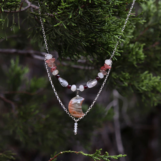 Ethereal Arusha Sunstone Sterling Silver Necklace with Quartz, Garnet, Topaz, Lazasine & Moonstone