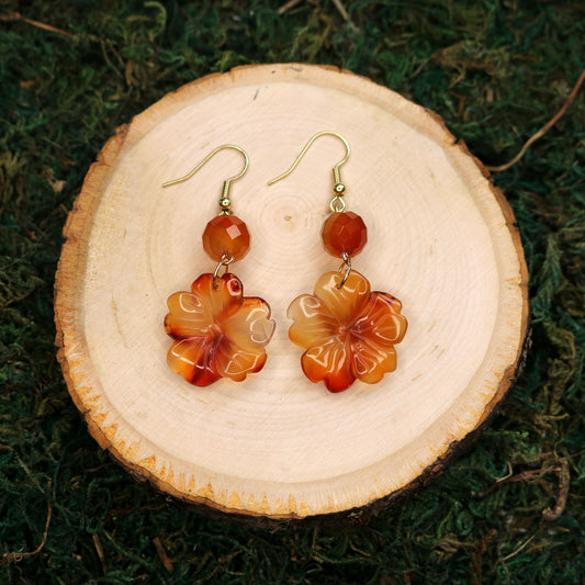 Orange Carnelian Carved Hibiscus Flower Earrings