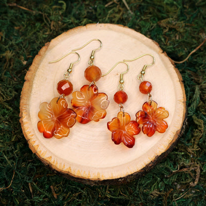 Orange Carnelian Carved Hibiscus Flower Earrings