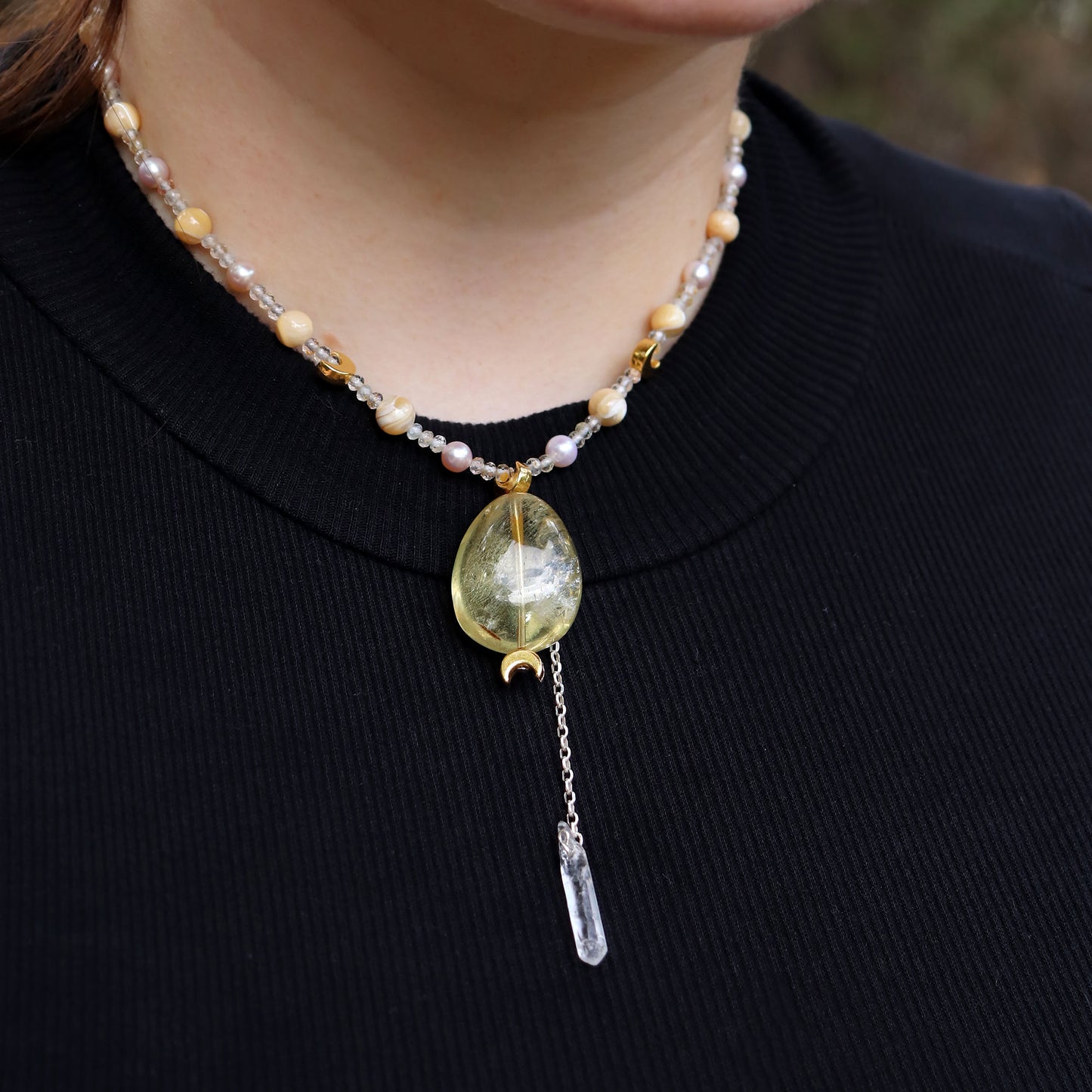 Goddess of Light Citrine Choker Necklace with Topaz, Freshwater Pearl & Mother of Pearl