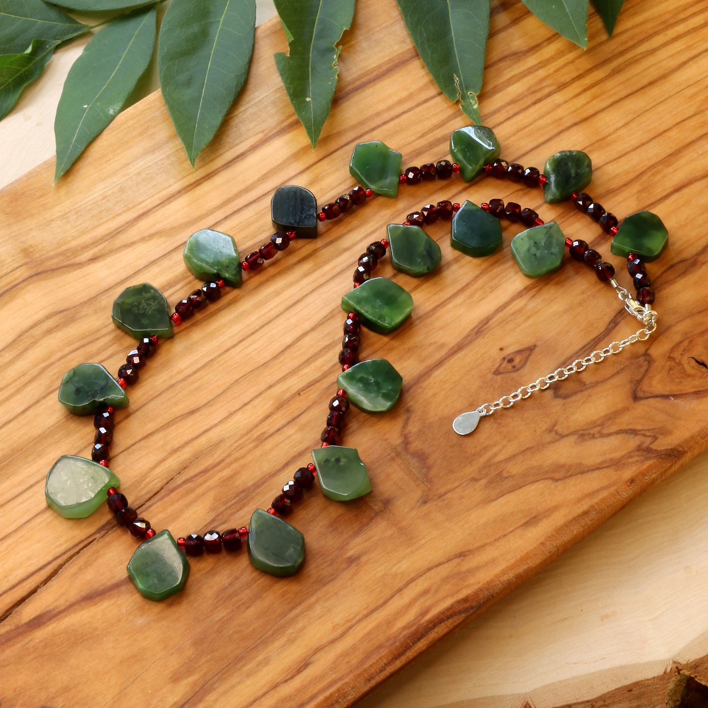 Fairytale Jade Leaf Necklace with Garnet