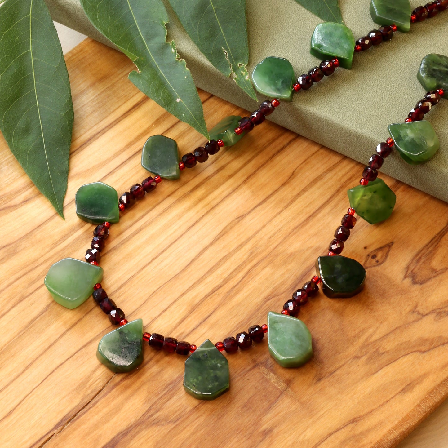 Fairytale Jade Leaf Necklace with Garnet