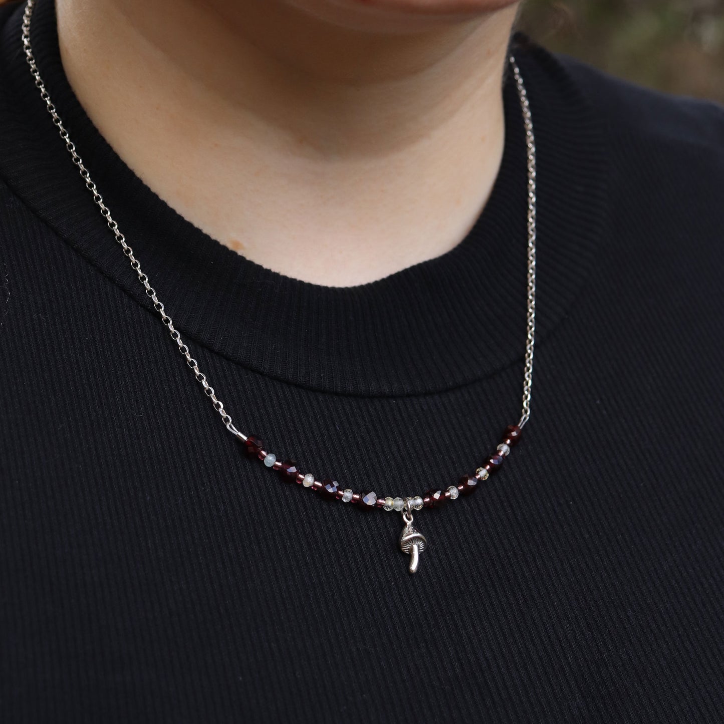 Tiny Fairy Mushroom Necklace with Garnet & Topaz