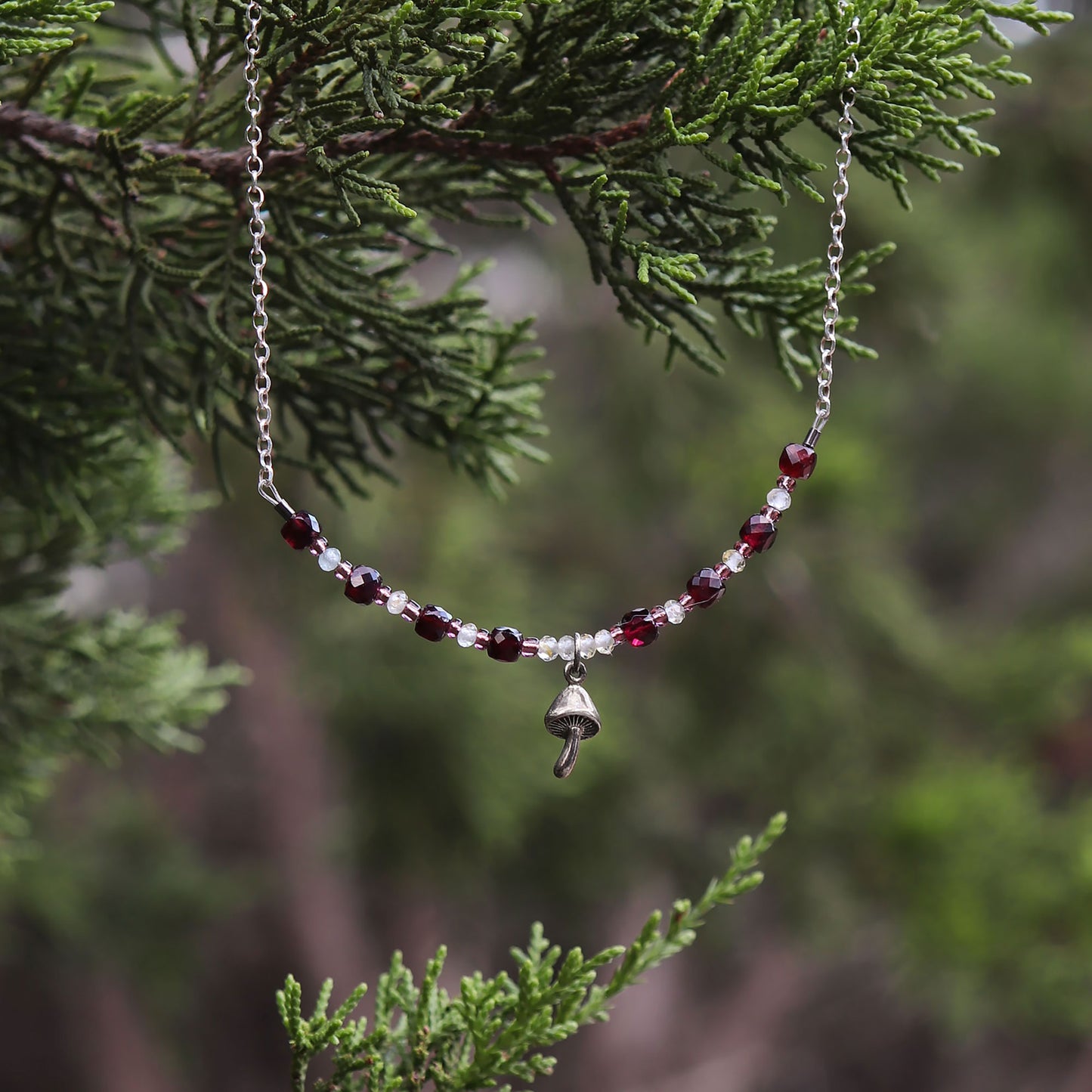 Tiny Fairy Mushroom Necklace with Garnet & Topaz