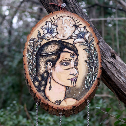 Goddess Moonflower Woodburn with Moonstone & Mother of Pearl Shell