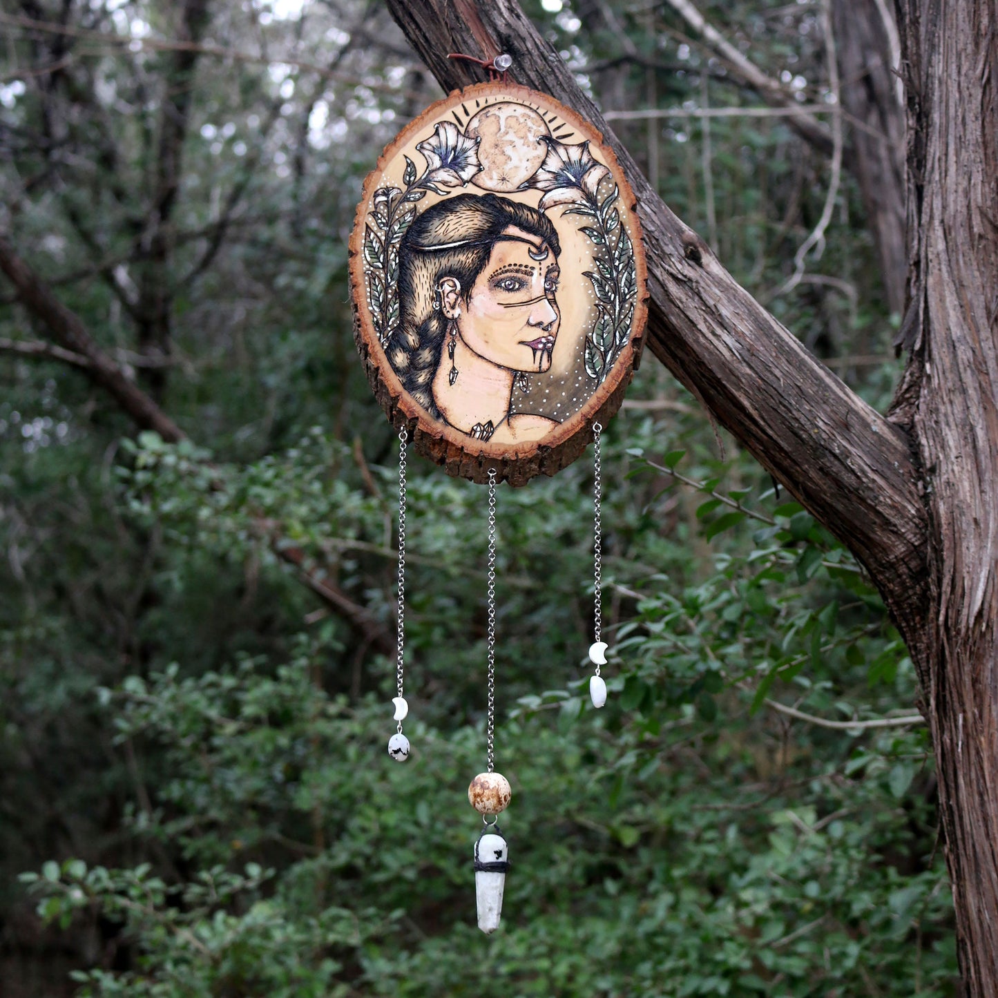 Goddess Moonflower Woodburn with Moonstone & Mother of Pearl Shell